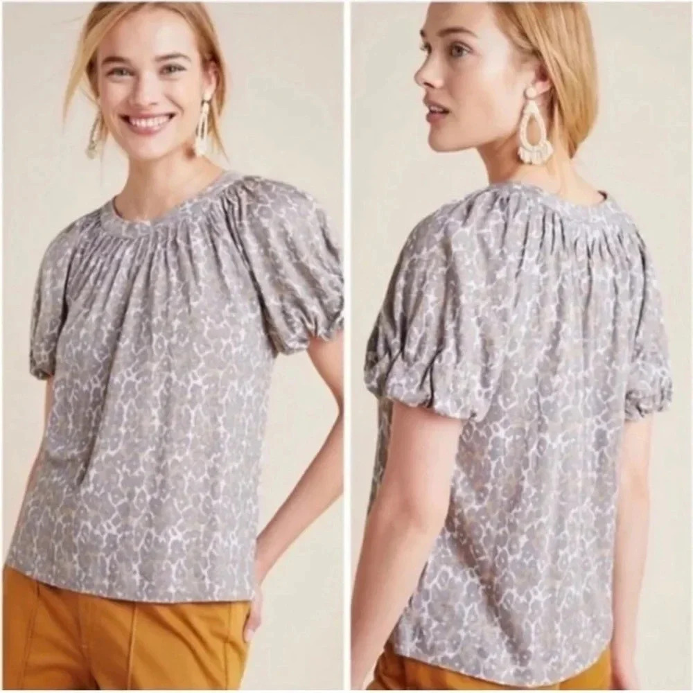 Maeve Anthropologie Leopard Puff Sleeve 100% Linen Top Size XS